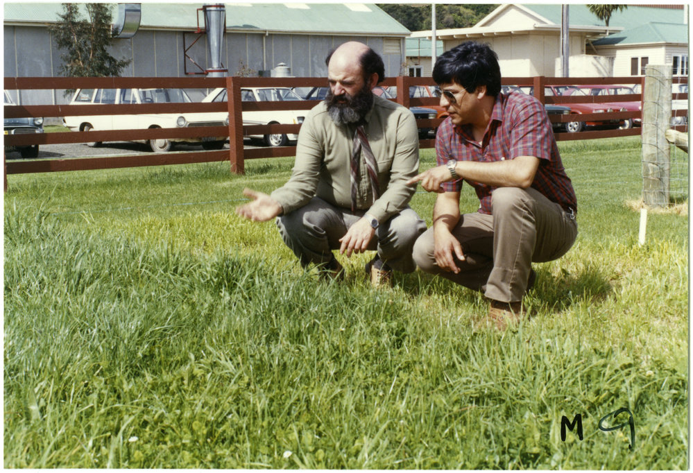 Emilio Ruz and Roger Ball inspecting grass in a pasture