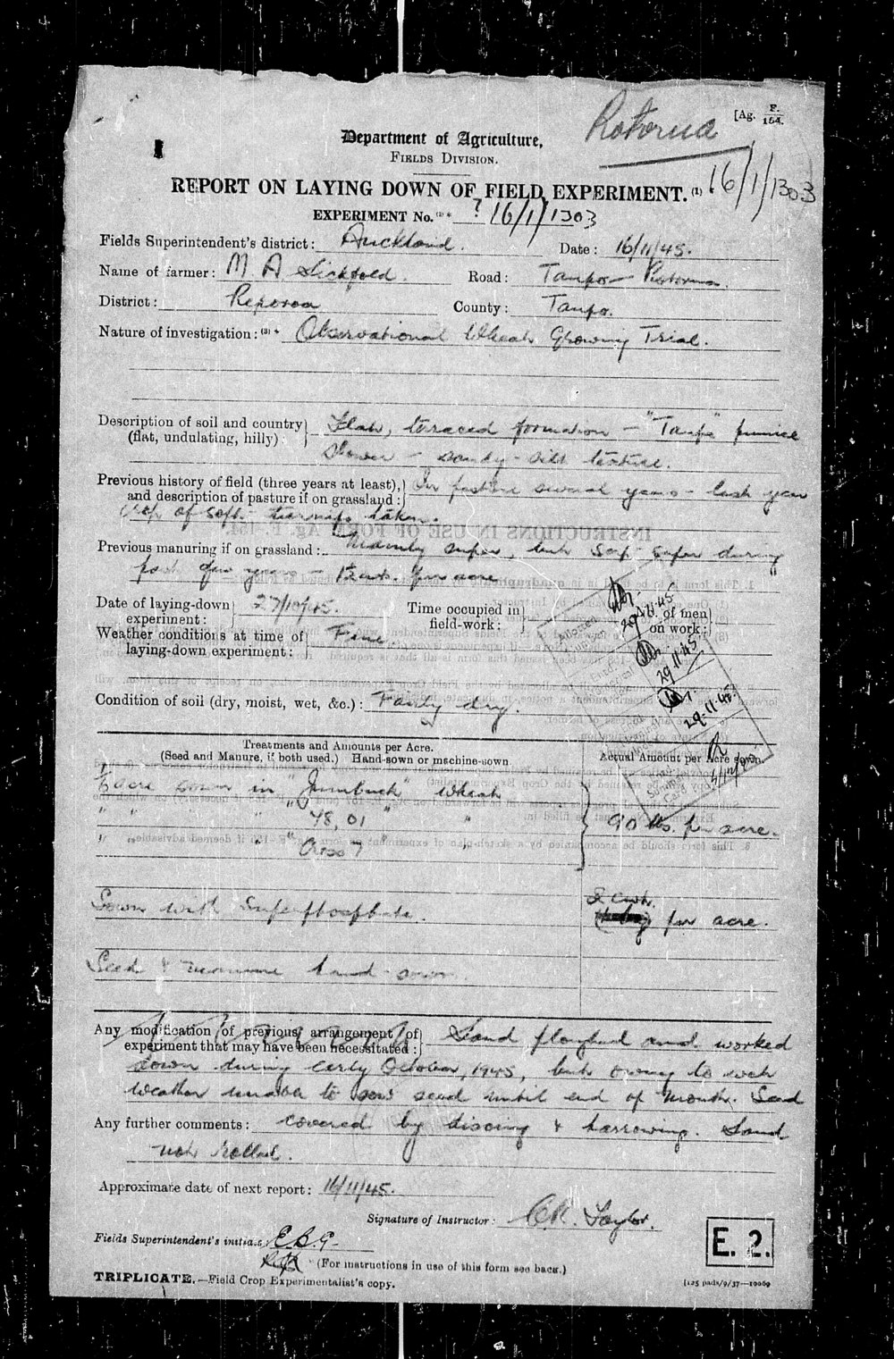 Wheat trial reports: Reporoa: Preamble page