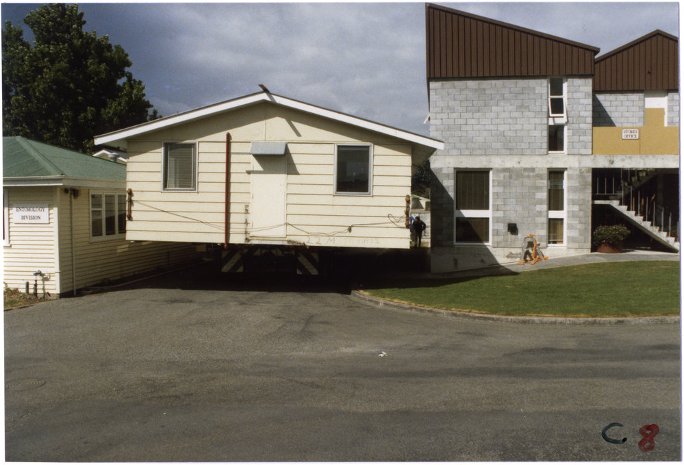 Grasslands Library extension being manoeuvred past Building 13