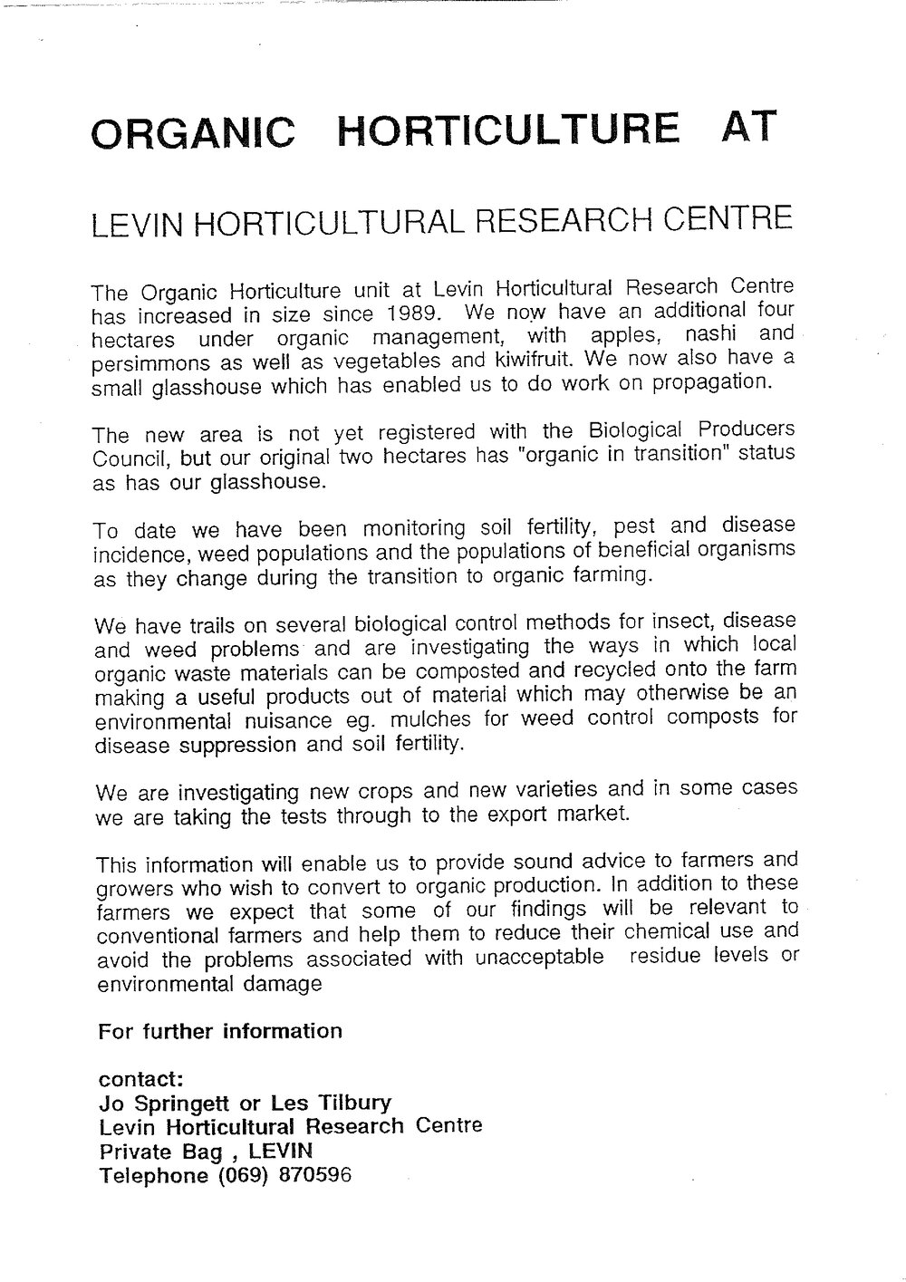 MAF - Organic Horticulture at Levin Horticultural Research Centre