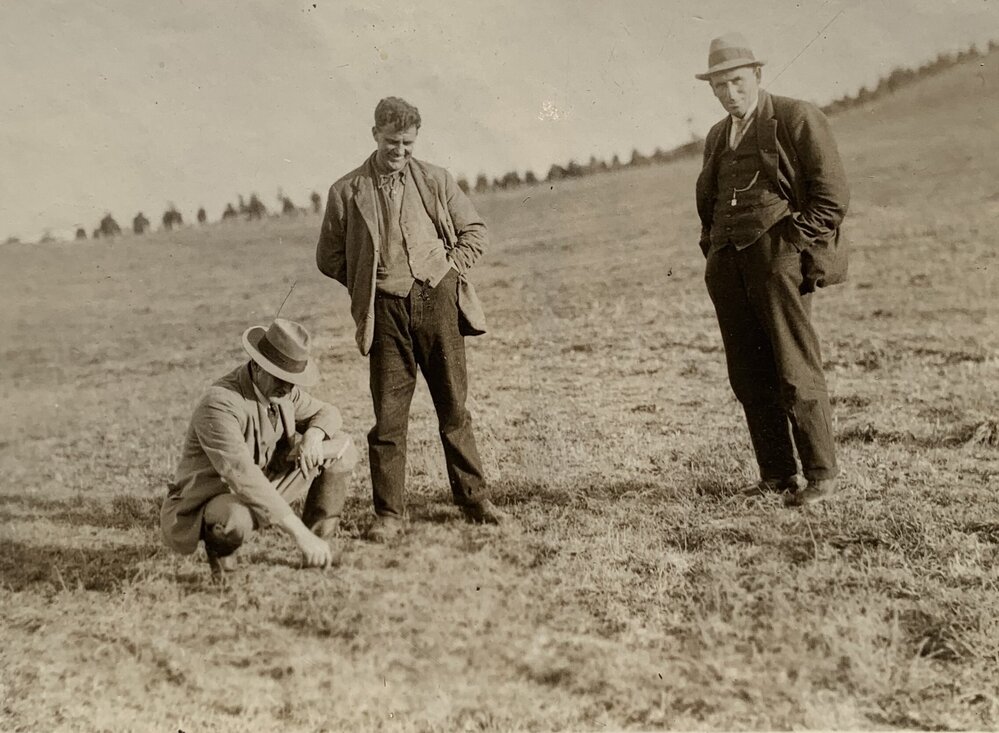 Three men in a field examining the sward