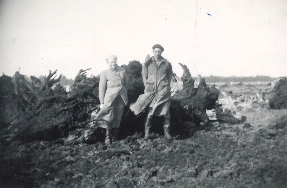 Man and woman standing in front of a fallen tree.