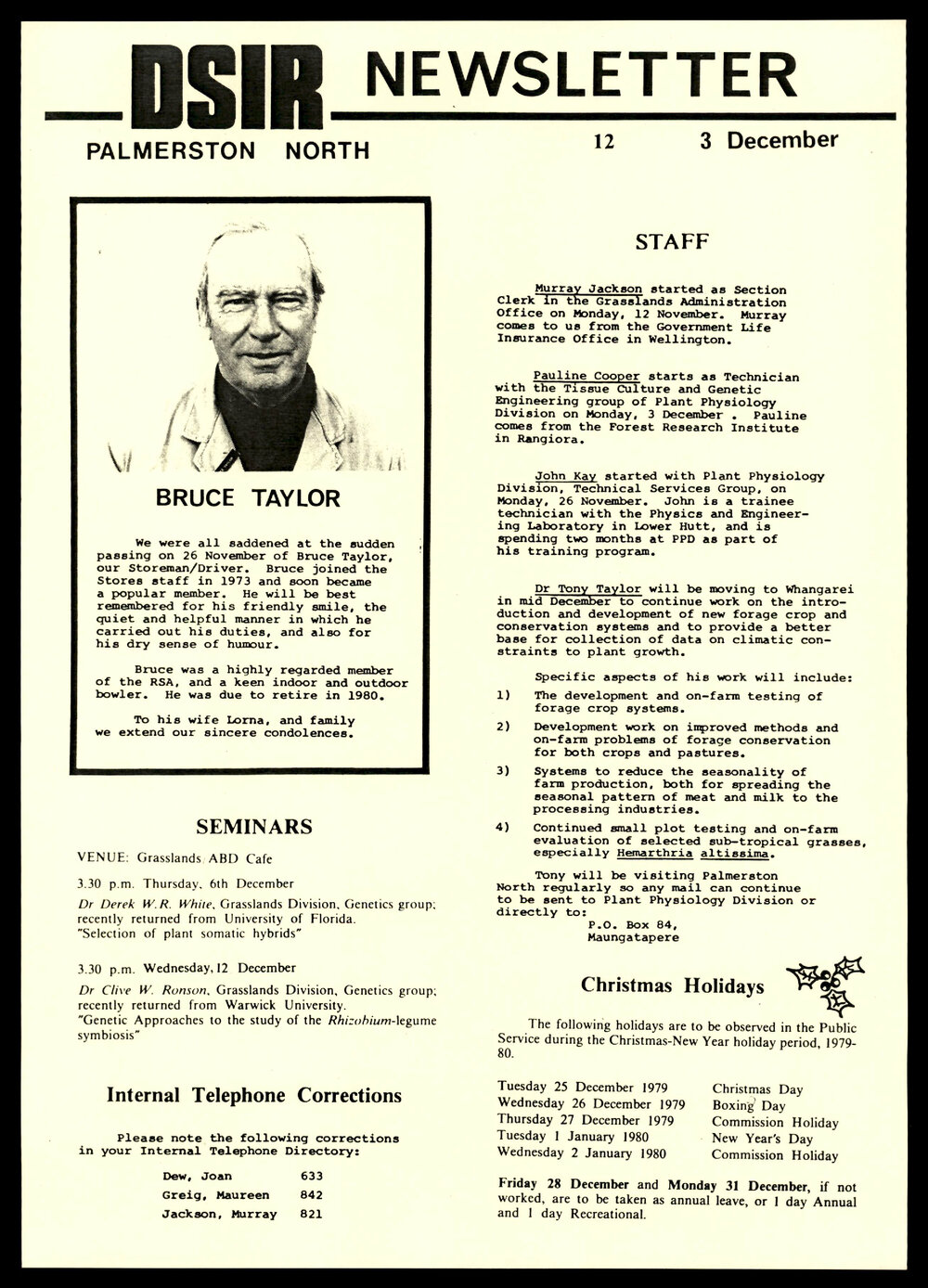 DSIR Newsletter - Number 12 - Date: 3 December 1979