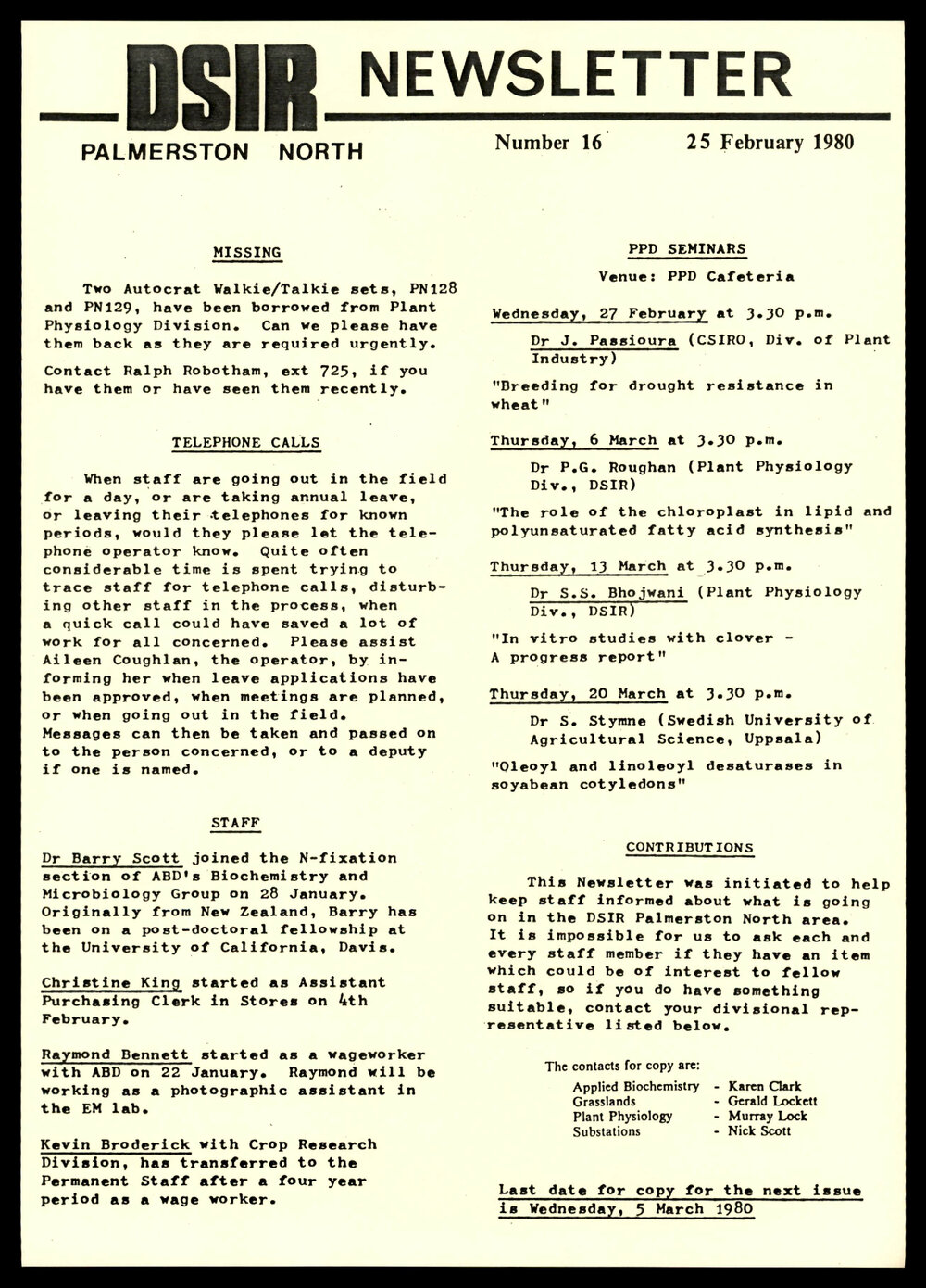 DSIR Newsletter - Number 16 - Date: 25 February 1980