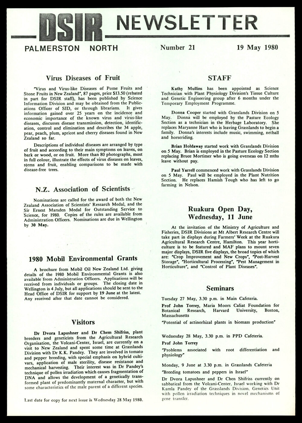 DSIR Newsletter - Number 21 - Date: 19 May 1980
