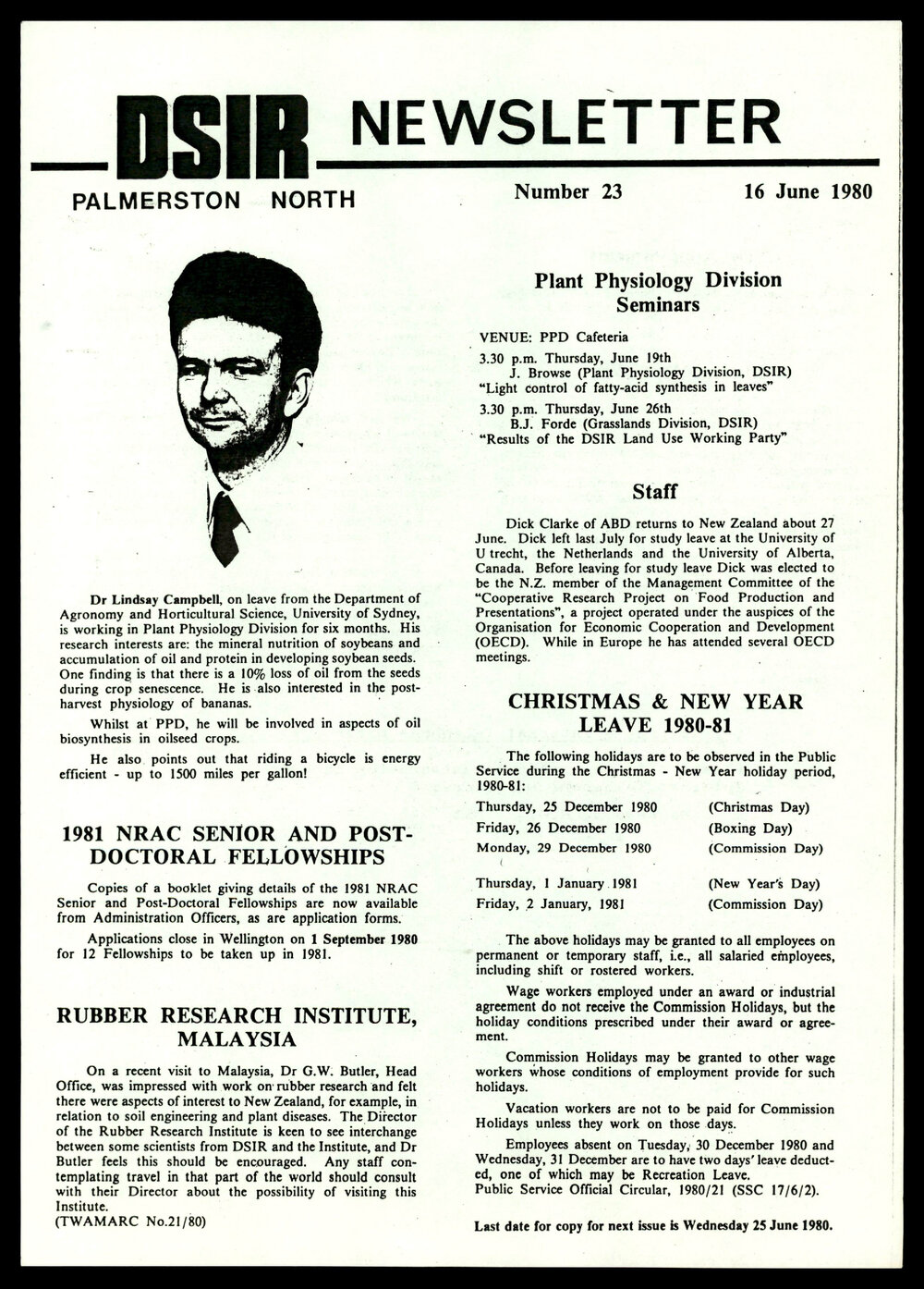 DSIR Newsletter - Number 23 - Date: 16 June 1980