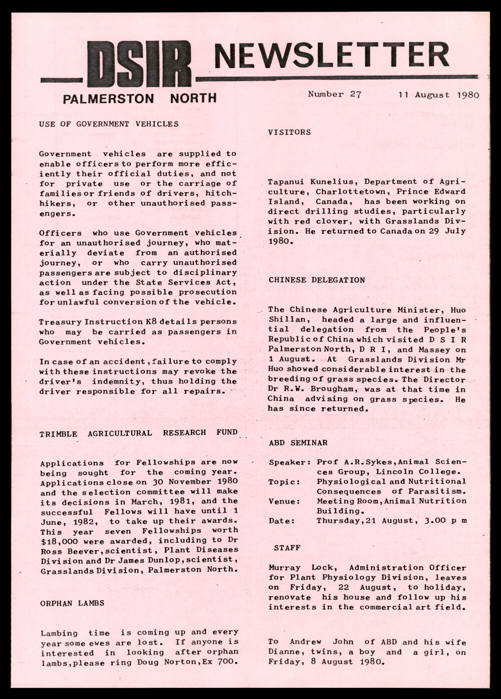 DSIR Newsletter - Number 27 - 11 August 1980