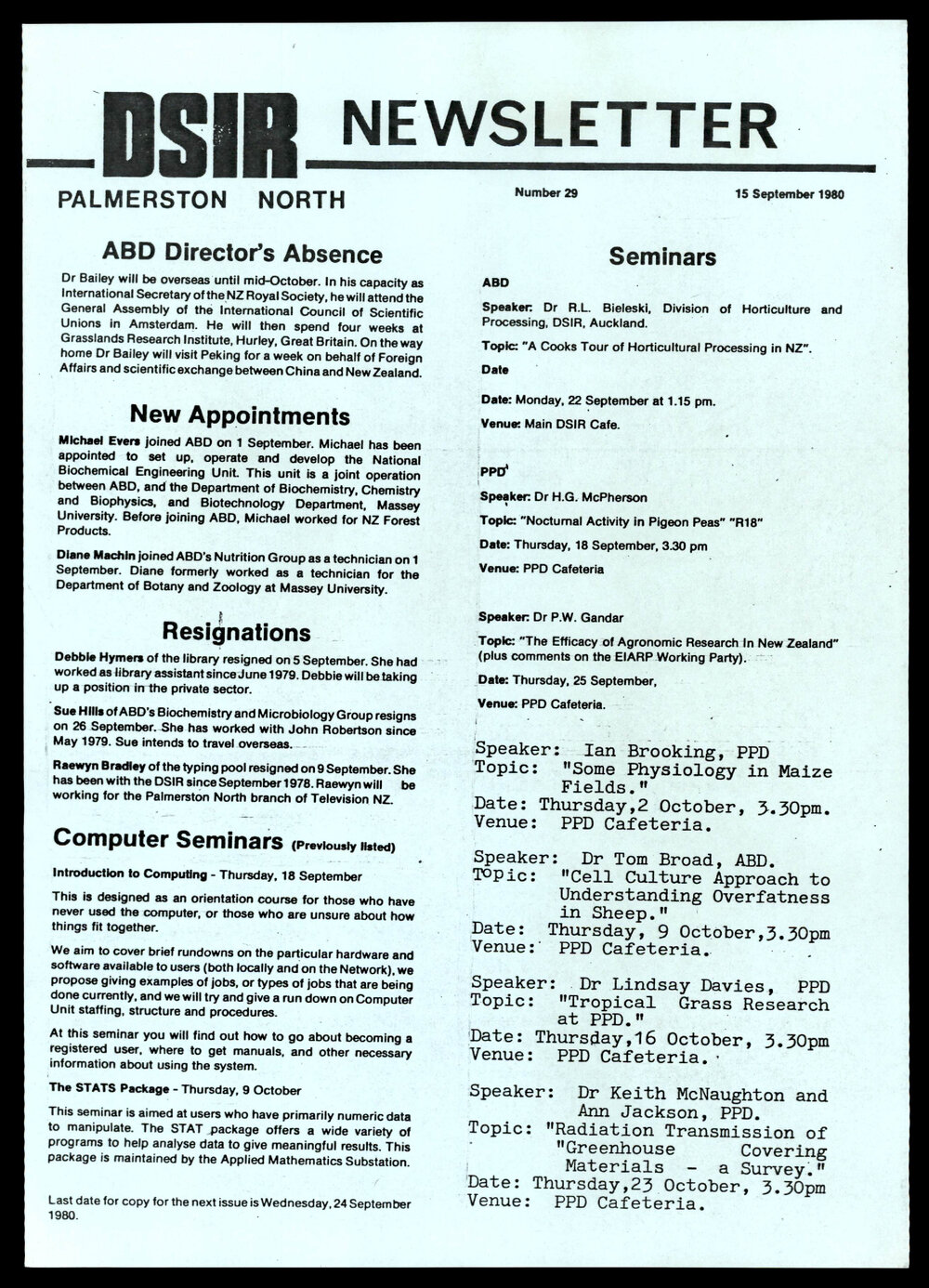 DSIR Newsletter - Number 29 - Date: 15 September 1980
