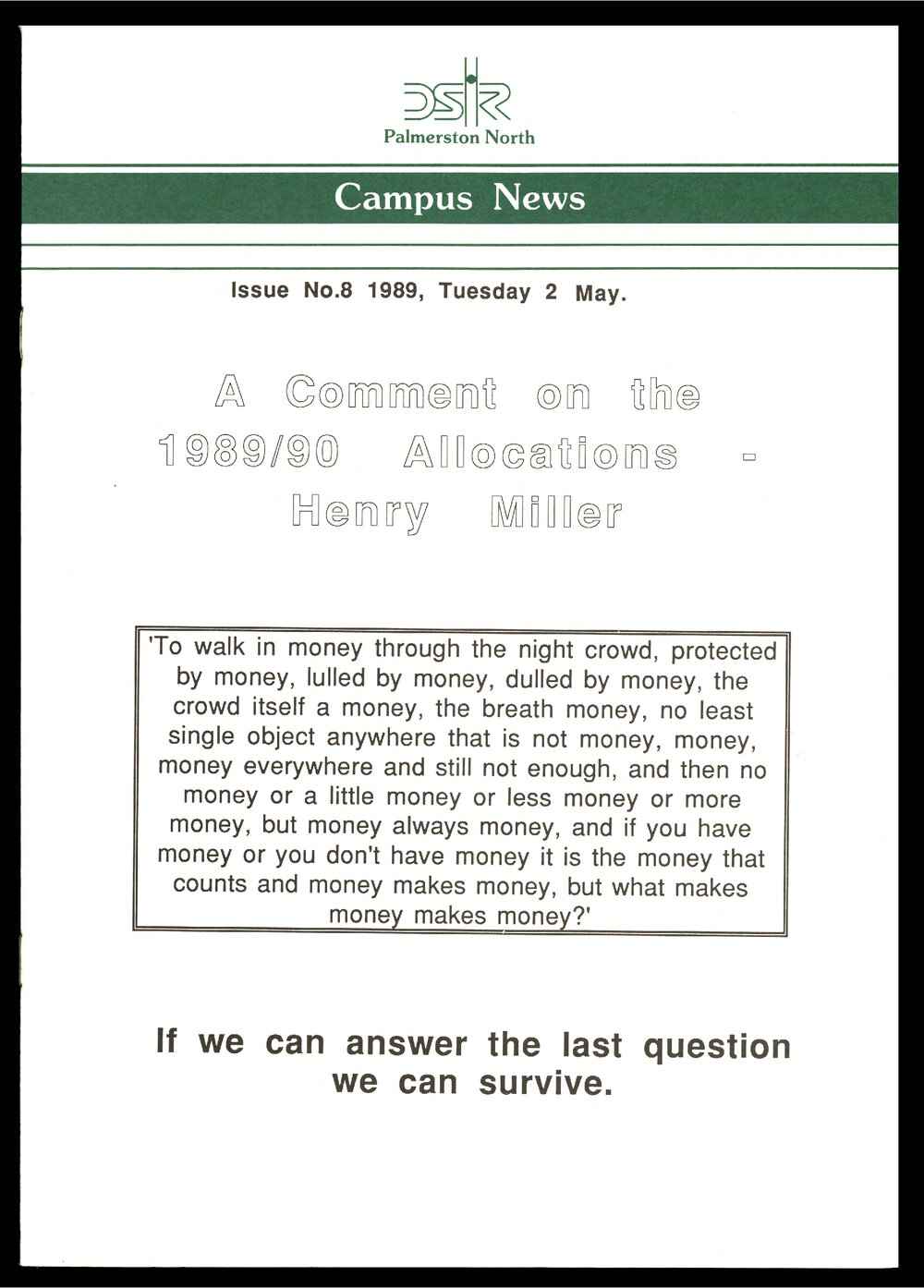 DSIR Palmerston North - Campus News: Issue No. 8 - 2 May 1989