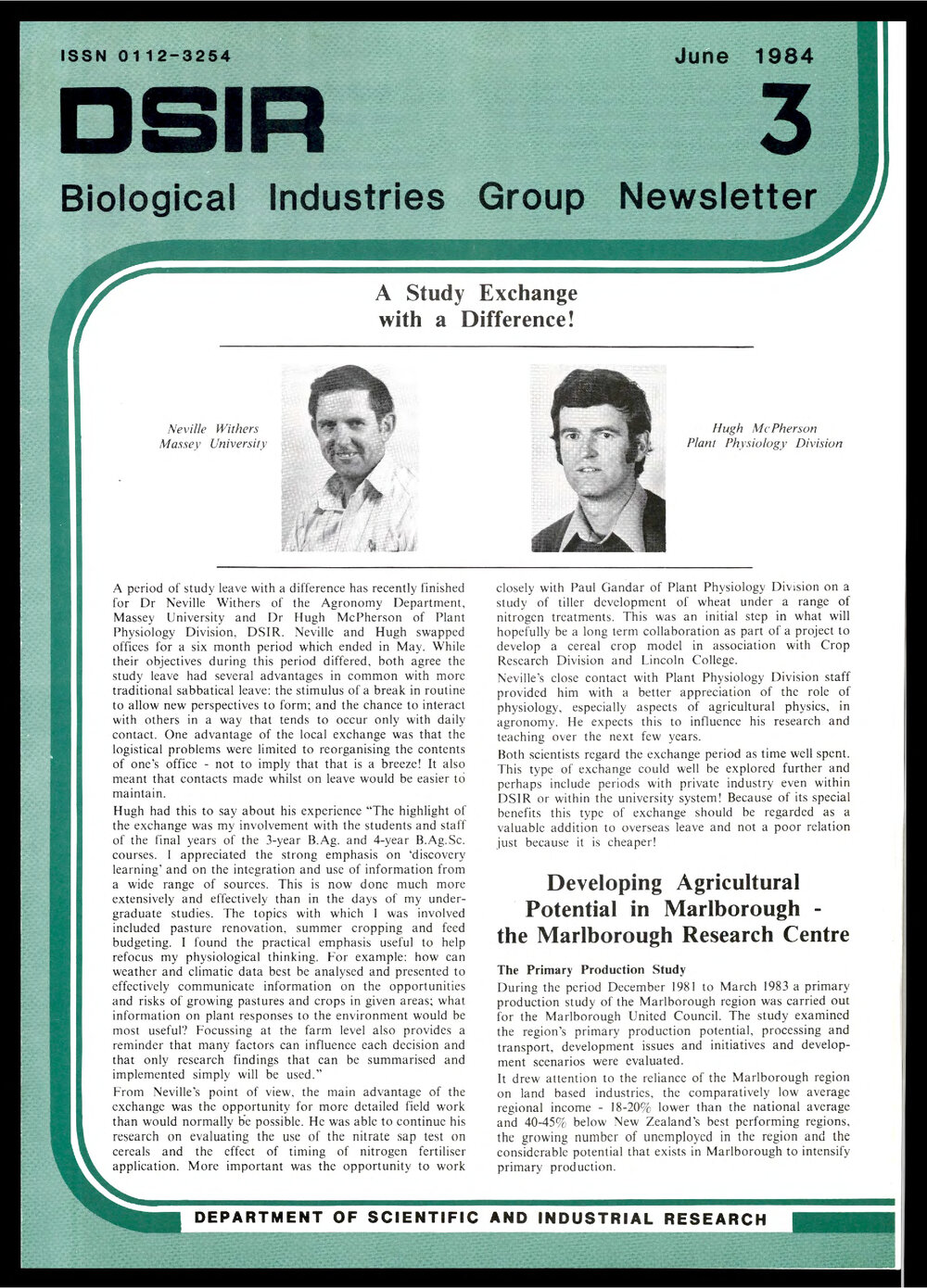DSIR - Biological Industries Group - Newsletter: Issue No. 3 - June 1984