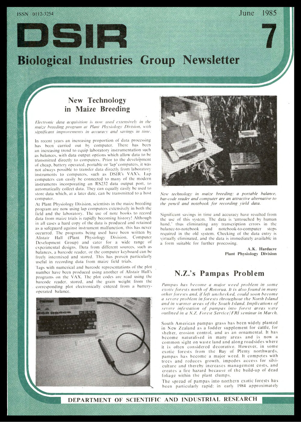 DSIR - Biological Industries Group - Newsletter: Issue No. 7 - June 1985