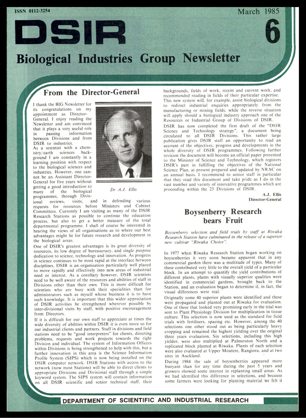DSIR - Biological Industries Group - Newsletter: Issue No. 6 - March 1985