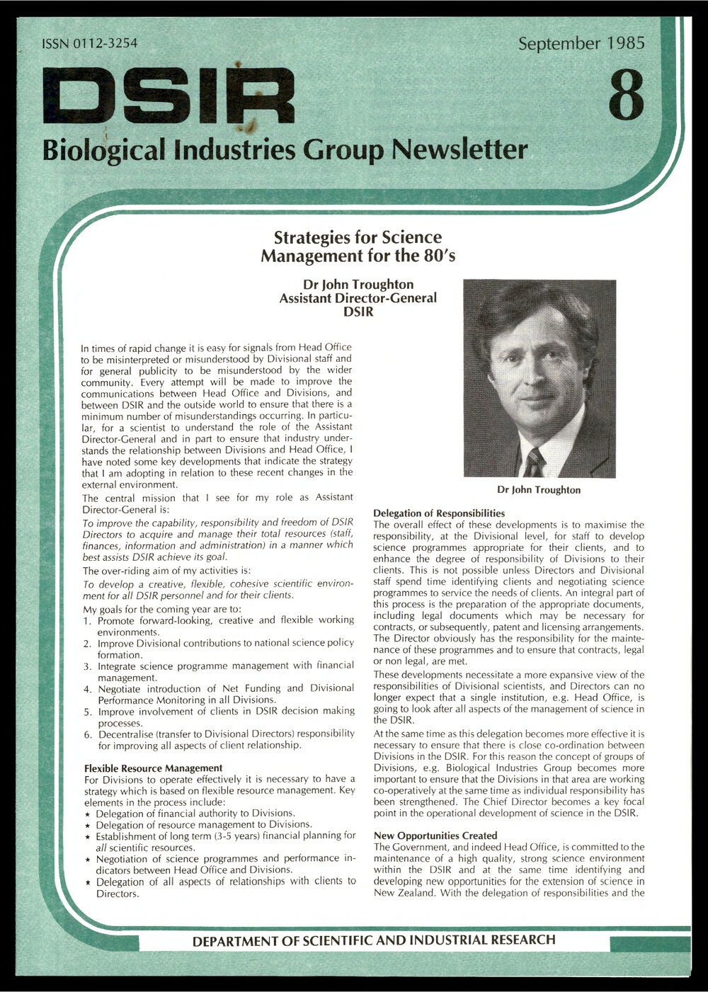 DSIR - Biological Industries Group - Newsletter: Issue No. 8 - September 1985