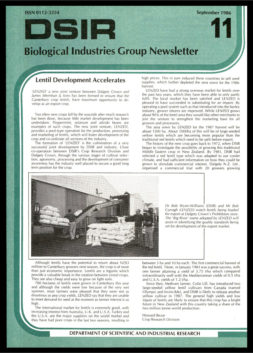 DSIR - Biological Industries Group - Newsletter: Issue No. 11 - September 1986