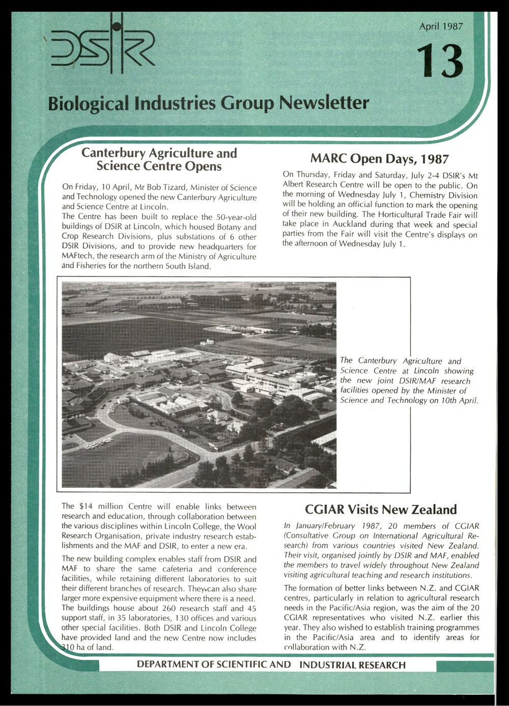 DSIR - Biological Industries Group - Newsletter: Issue No. 13 - April 1987