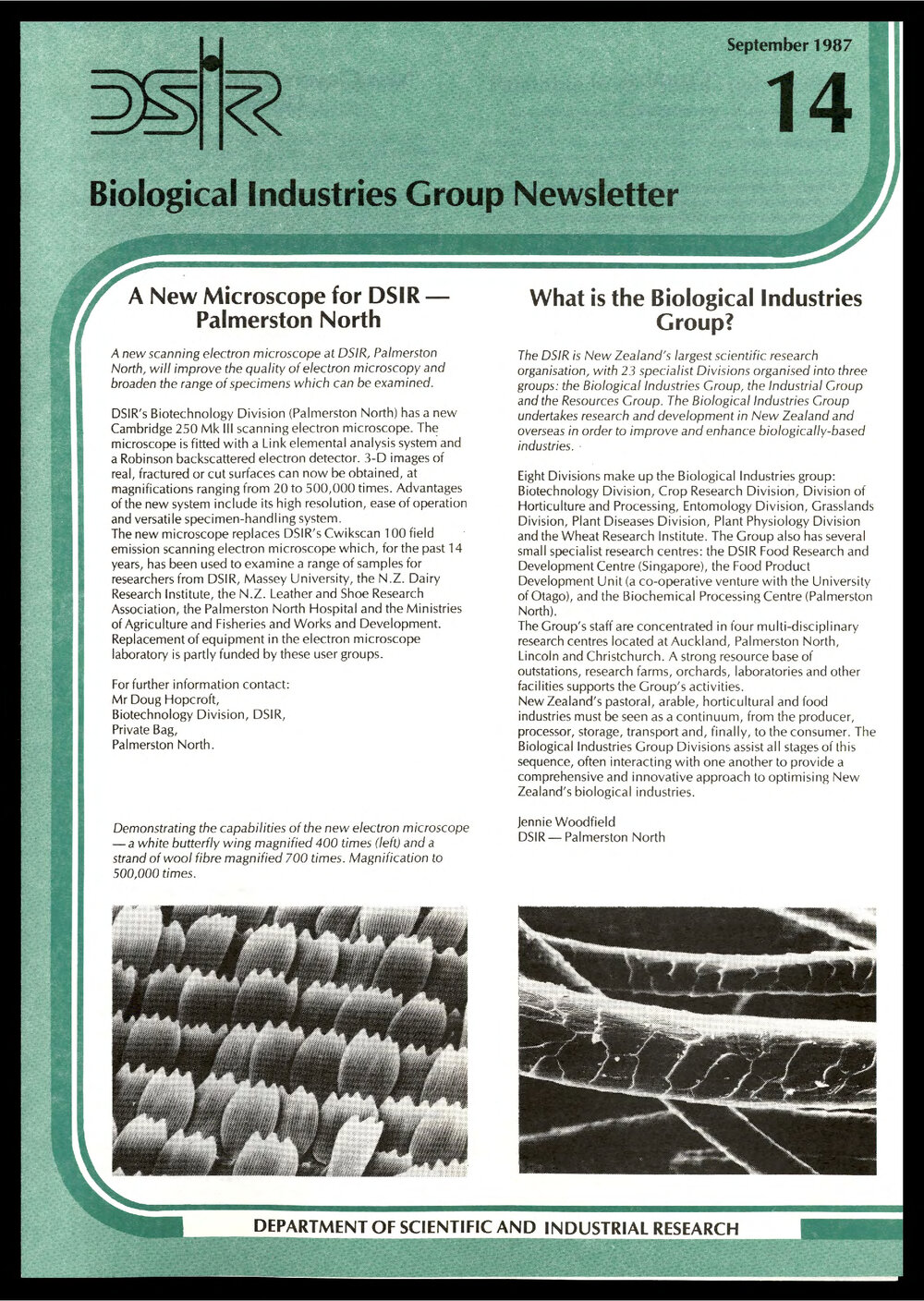 DSIR - Biological Industries Group - Newsletter: Issue No. 14 - September 1987