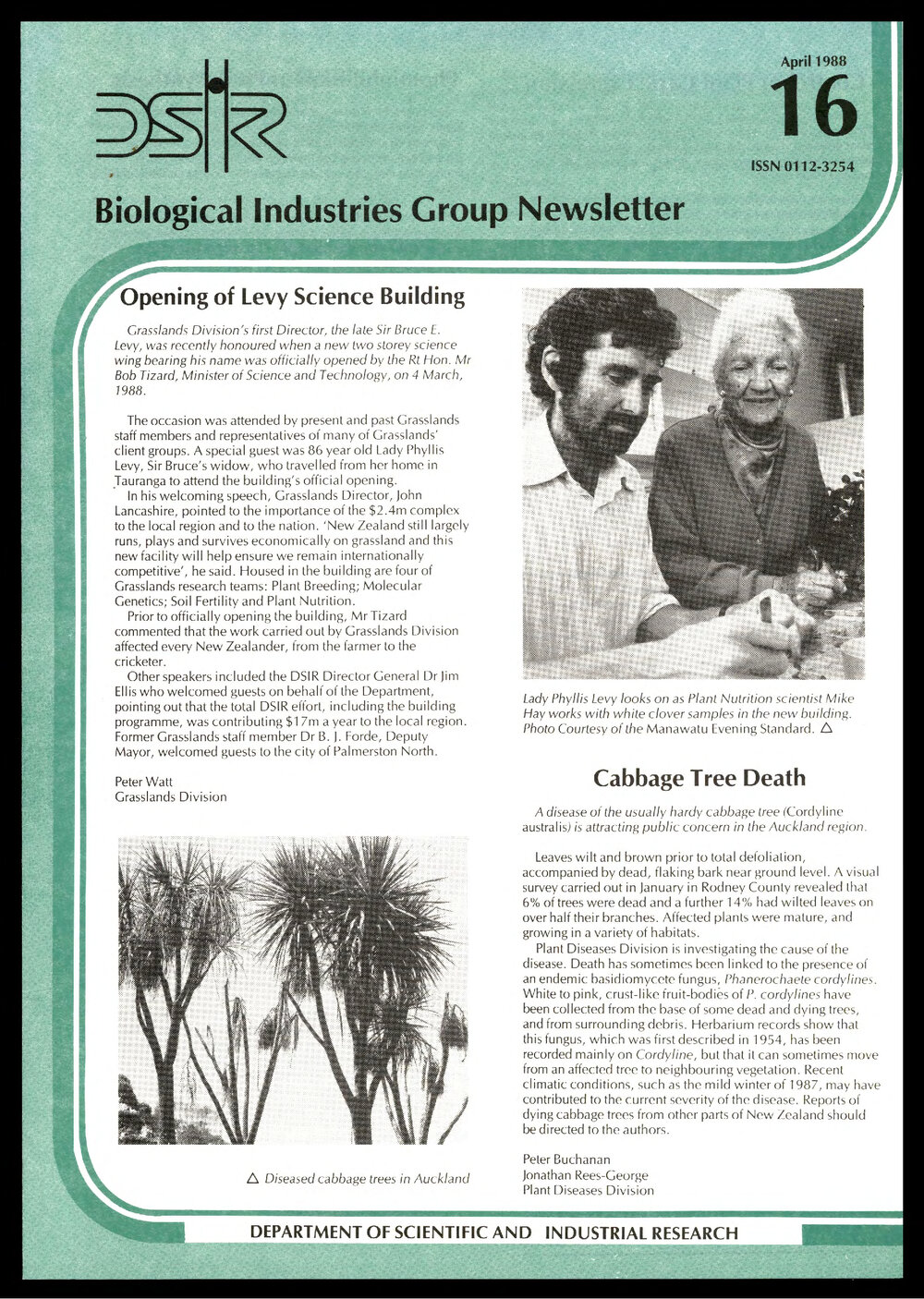 DSIR - Biological Industries Group - Newsletter: Issue No. 16 - April 1988