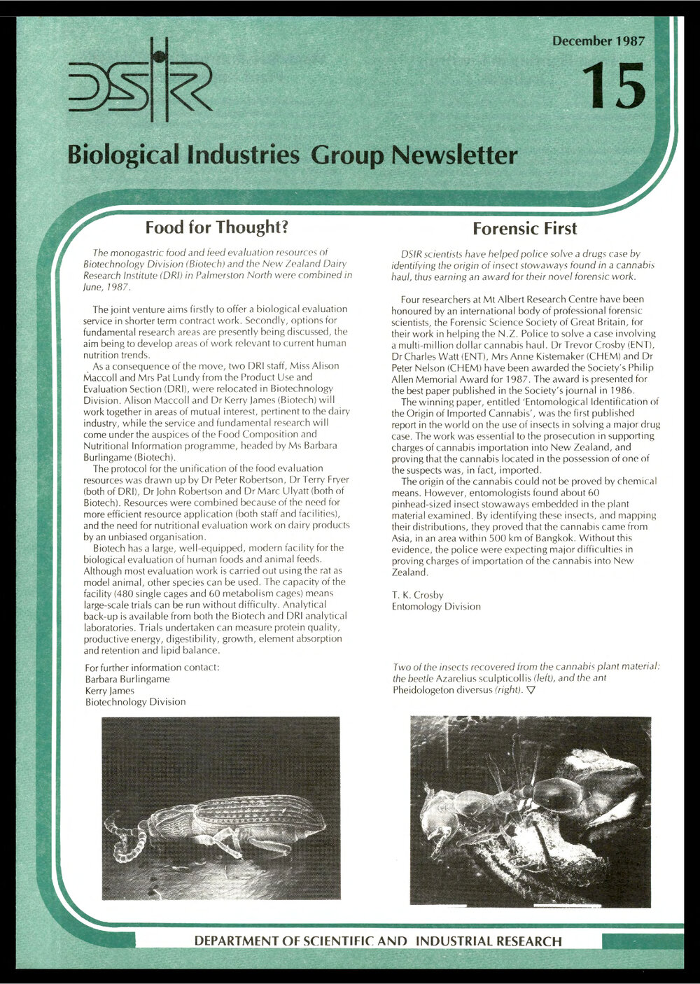 DSIR - Biological Industries Group - Newsletter: Issue No. 15 - December 1987