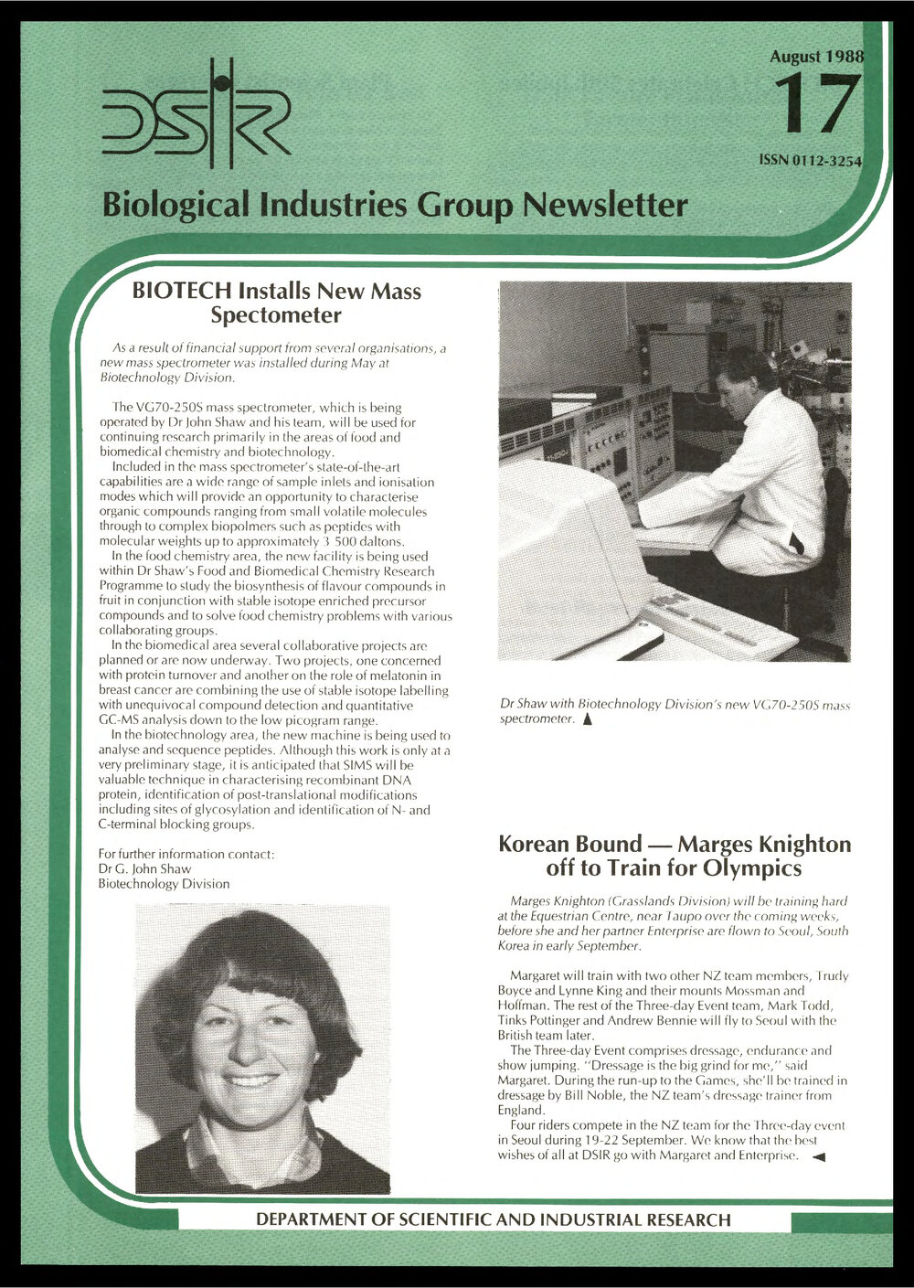 DSIR - Biological Industries Group - Newsletter: Issue No. 17 - August 1988