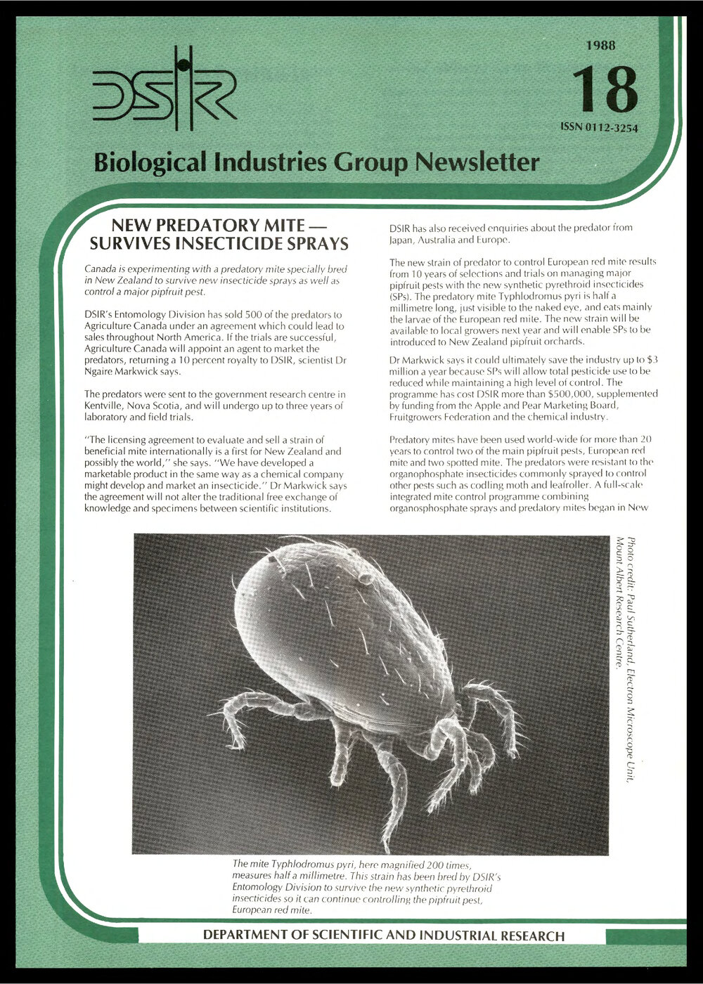 DSIR - Biological Industries Group - Newsletter: Issue No. 18 - 1988