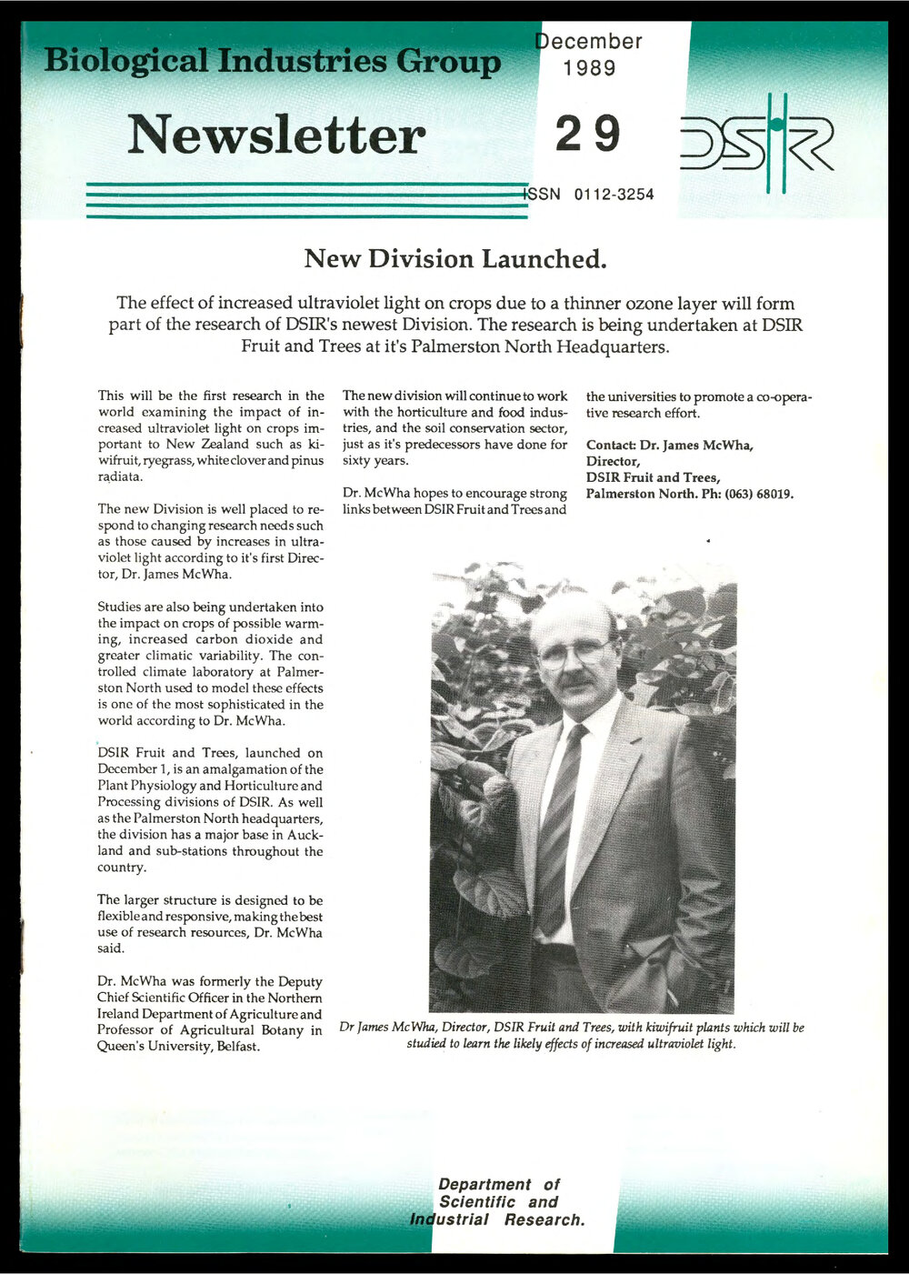 DSIR - Biological Industries Group - Newsletter: Issue No. 29 - December 1989