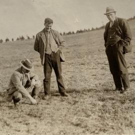 Three men in a field examining the sward