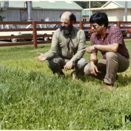 Emilio Ruz and Roger Ball inspecting grass in a pasture