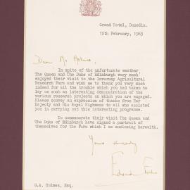 Letter of thanks following Queen Elizabeth's visit to Invermay